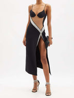DAVID KOMA Crystal Embellished Net Insert High Slit Black Midi Dress - House Of Huntington
