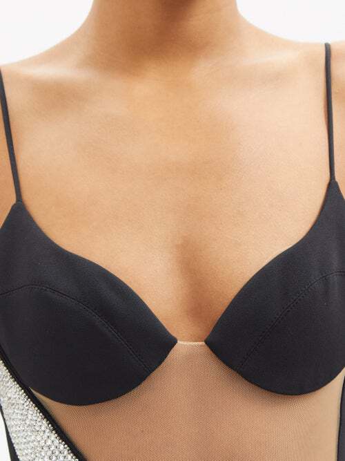 DAVID KOMA Crystal Embellished Net Insert High Slit Black Midi Dress - House Of Huntington