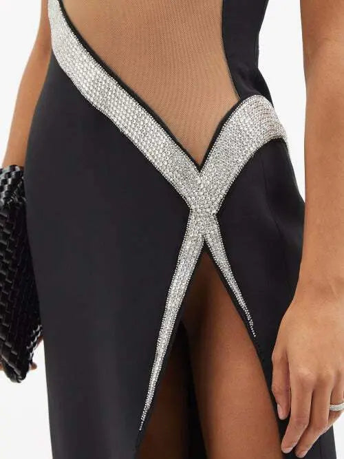 DAVID KOMA Crystal Embellished Net Insert High Slit Black Midi Dress - House Of Huntington