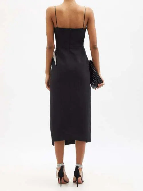 DAVID KOMA Crystal Embellished Net Insert High Slit Black Midi Dress - House Of Huntington