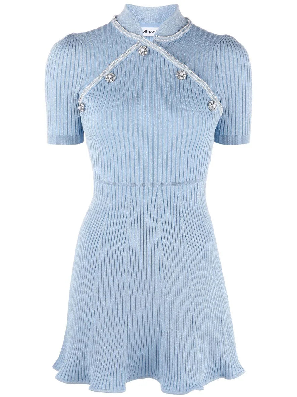 ZELFPORTRET Crystal verfraaid Mandarijn kraag ribgebreide blauwe mini-jurk