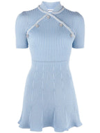 ZELFPORTRET Crystal verfraaid Mandarijn kraag ribgebreide blauwe mini-jurk