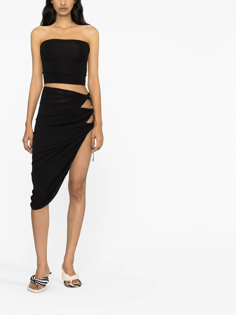 JACQUEMUS La Jupe Black Perola Bead Detail Cut Out Sides Asymmetric Skirt - House Of Huntington