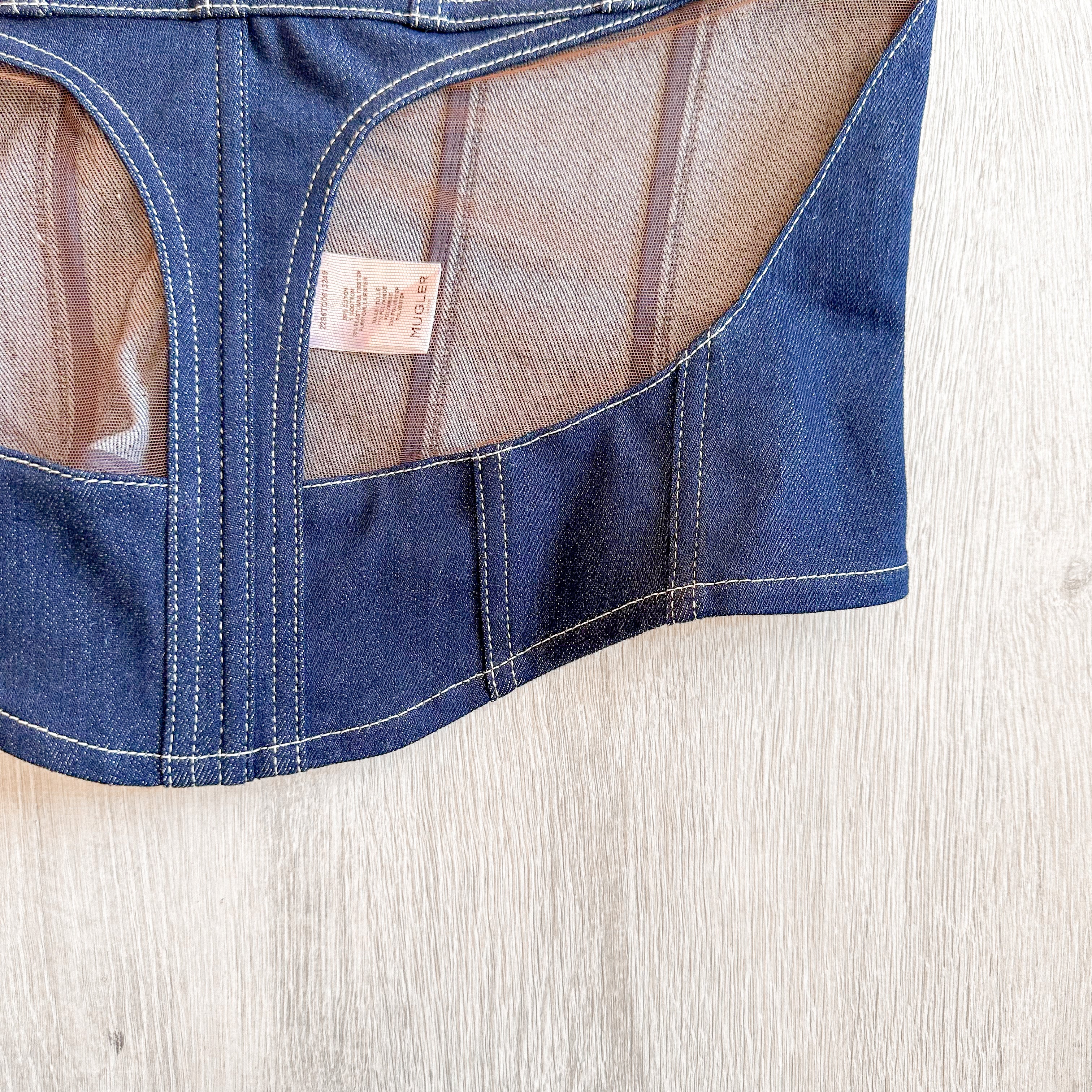 MUGLER Denim Cut-Out Detail Square Neck Corset Top