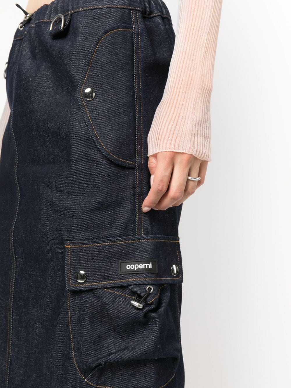 COPERNI Cargo Denim Dark Wash Logo Patch Pocket Detail Maxi Skirt - House Of Huntington