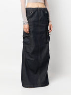 COPERNI Cargo Denim Dark Wash Logo Patch Pocket Detail Maxi Skirt - House Of Huntington