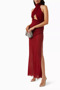 De La Vali Burgundy Red Cairo High Neck Cut-Out Maxi Dress