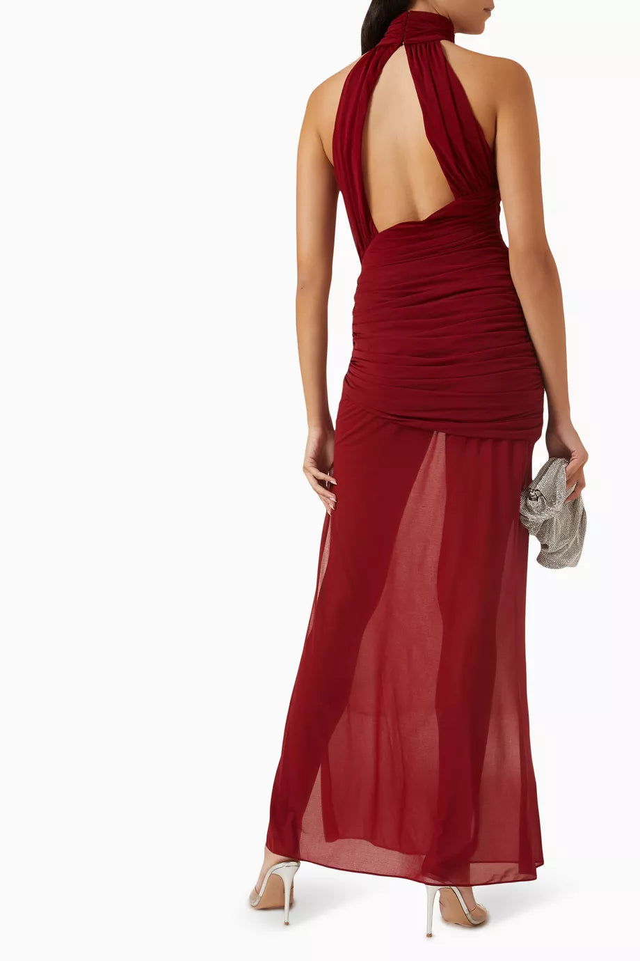 De La Vali Burgundy Red Cairo High Neck Cut-Out Maxi Dress