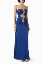 Christopher Esber Blue Paisley Metal Bar Ruched Disconnect Strapless Dress