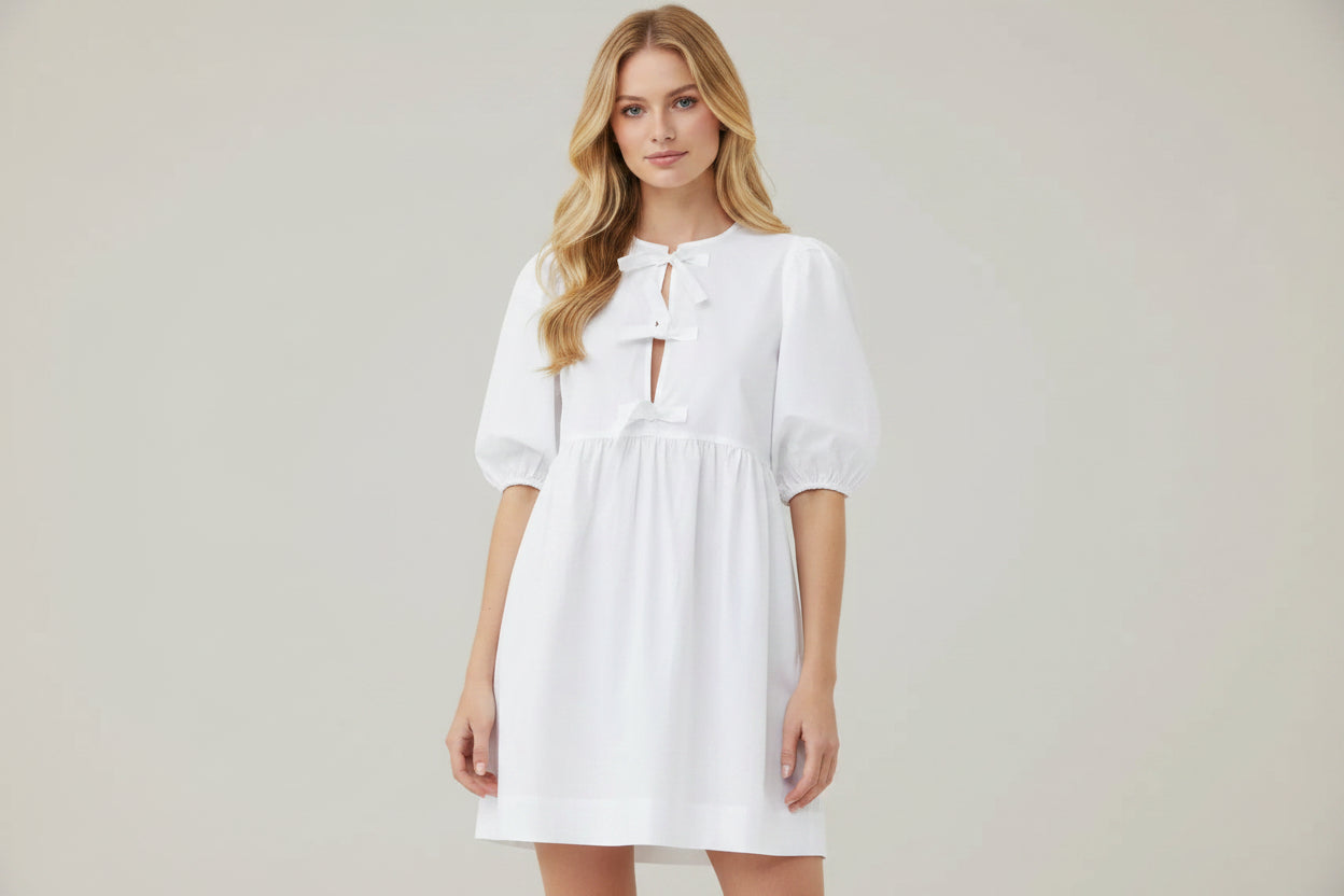 Ganni White Poplin Tie-Front Mini Dress