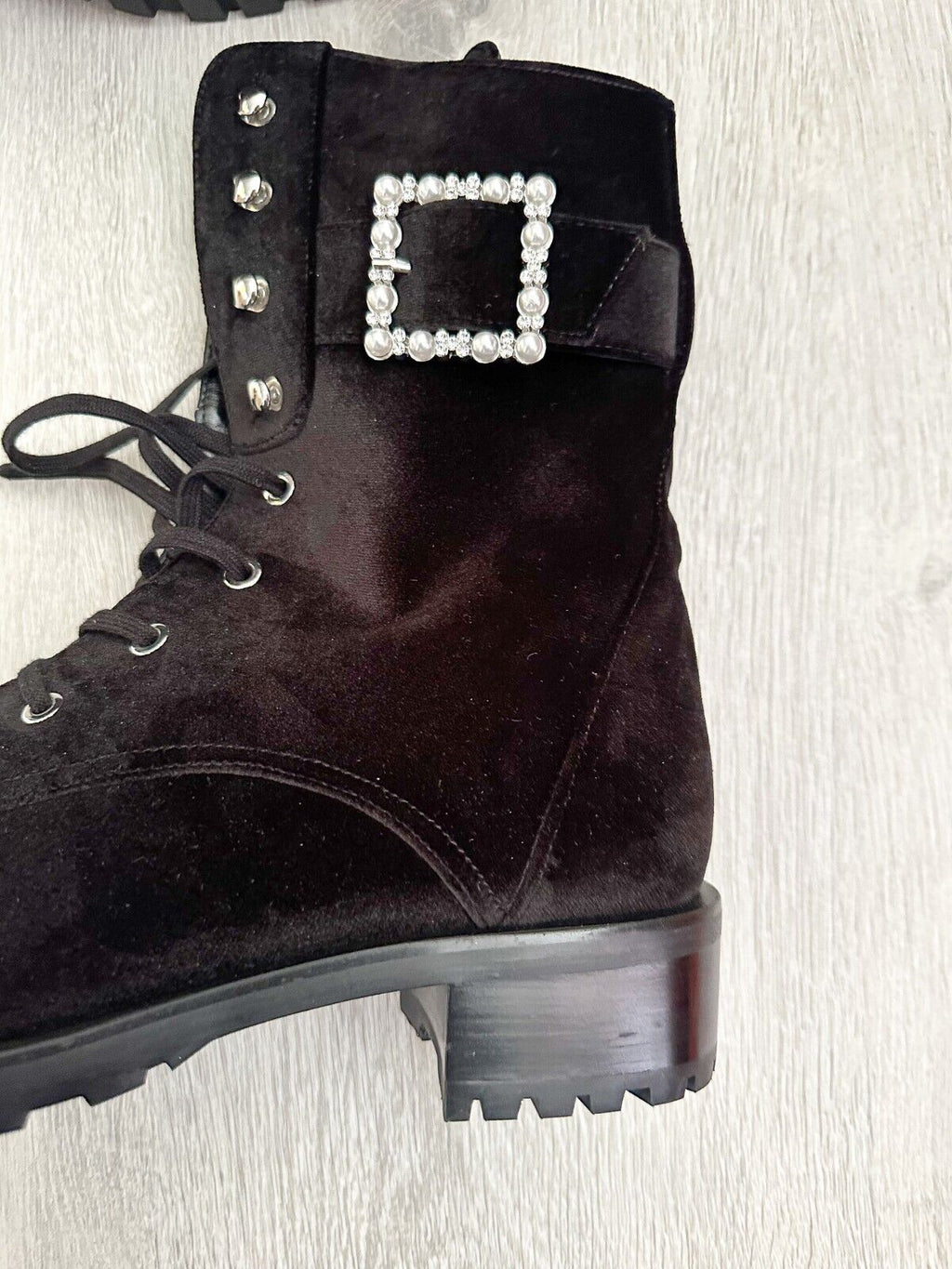 Stuart Weitzman Pearl Crystal Buckle Embellished Lace-up Black Leather Boots