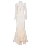 Alessandra Rich White High Neck Sweetheart Floral Lace Crystal Pearl Button Belted Wedding Dress Gown - House Of Huntington