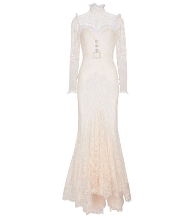 Alessandra Rich White High Neck Sweetheart Floral Lace Crystal Pearl Button Belted Wedding Dress Gown - House Of Huntington