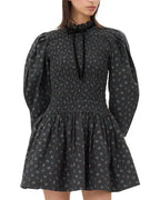 Ganni Ditsy Floral Smock Shirred Velvet Bow Dress