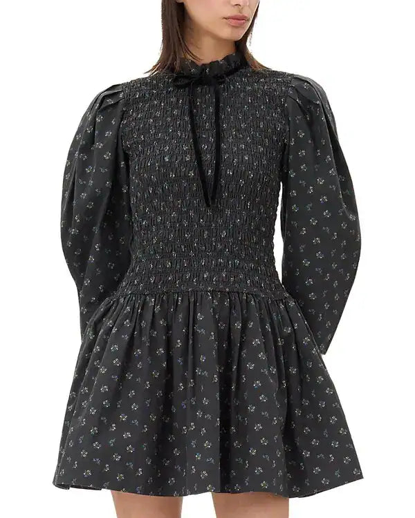 Ganni Ditsy Floral Smock Shirred Velvet Bow Dress