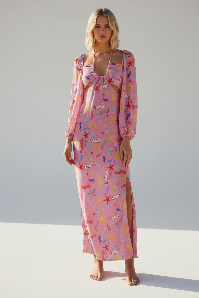 Rixo London Kamilla Pink Seahorse Starfish Print Dress