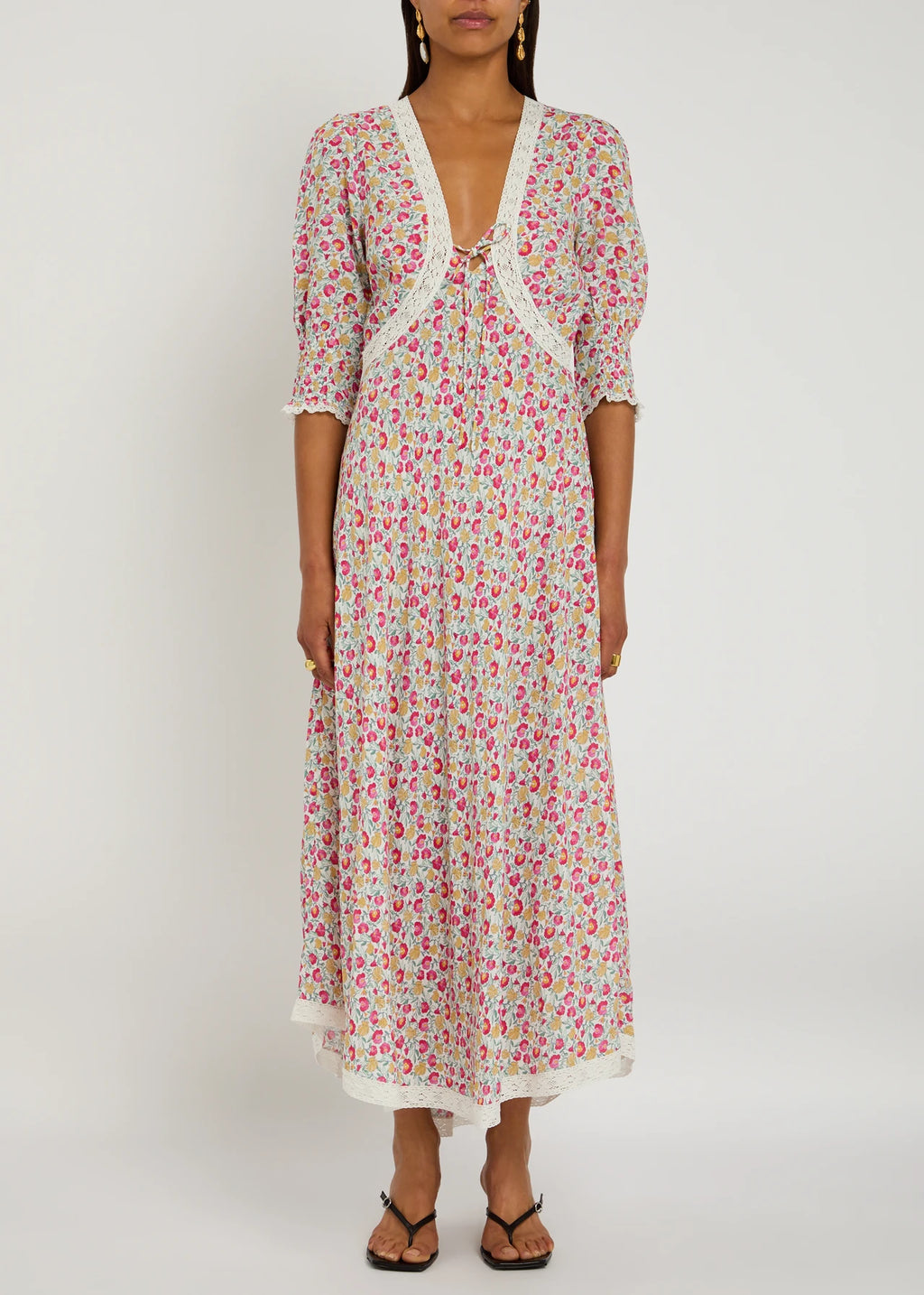 Rixo London Amina Pansy Floral Print Woven Midi Dress