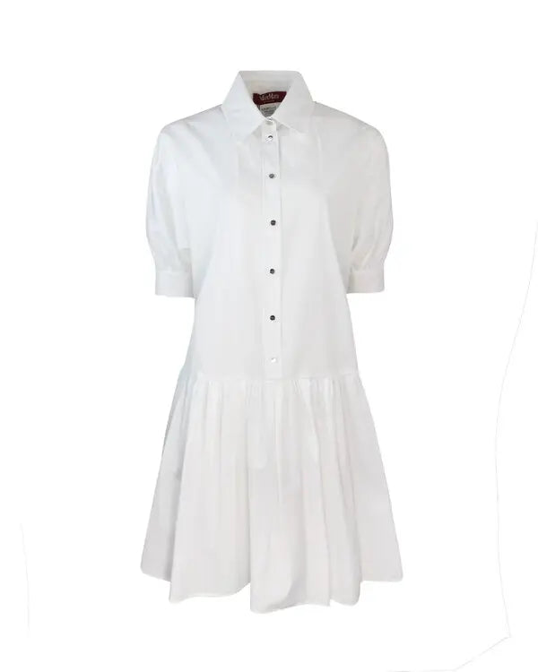 Max Mara White Caronte Cotton Poplin Pleat Hem Shirt Dress