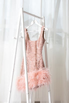 NADINE MERABI Pink Evie Pearl Sequin Embellished Feather Trim Dress - House Of Huntington