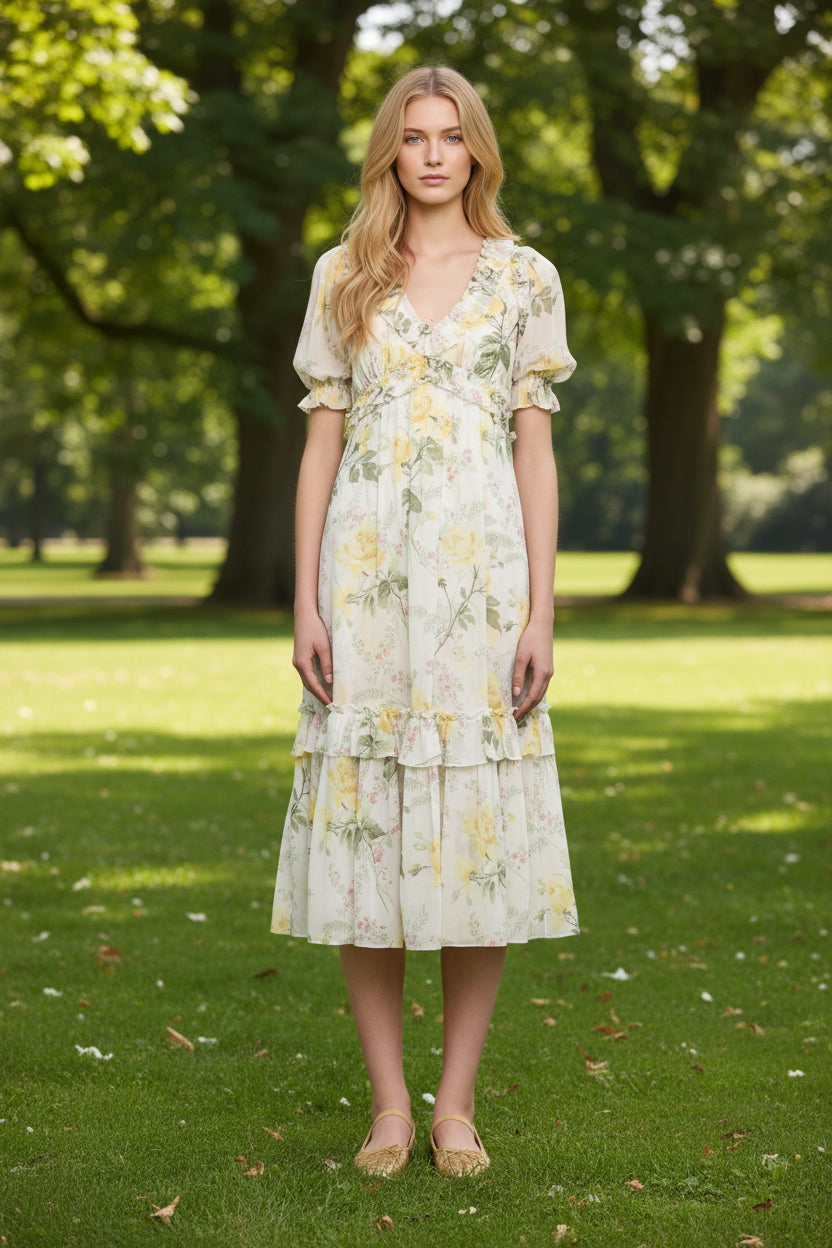 Robe midi Needle & Thread en mousseline avec imprimé floral rose et coupe ballerine