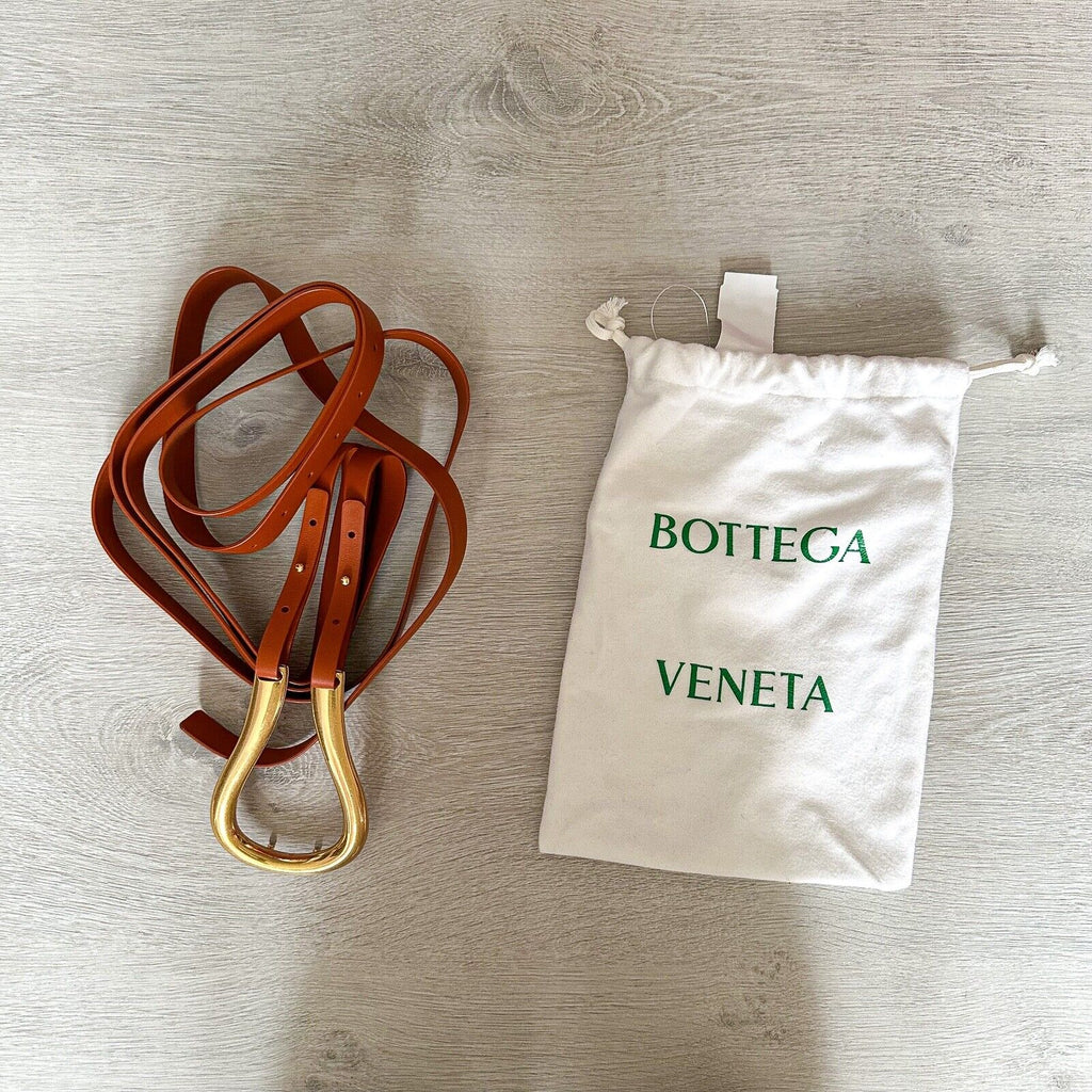BOTTEGA VENETA Maple Brown Gold Horsebit Buckle Double Strap Belt