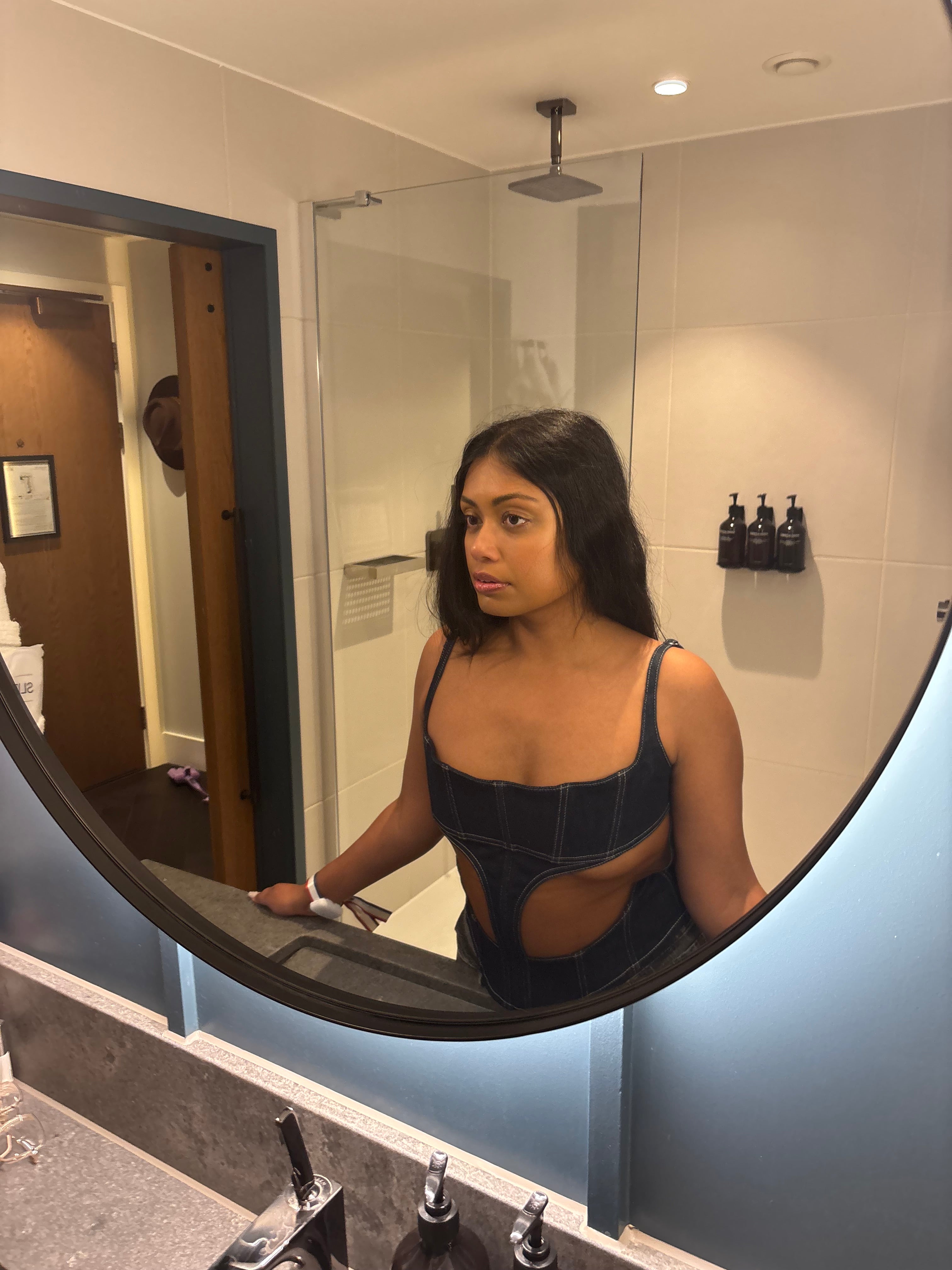 MUGLER Denim Cut-Out Detail Square Neck Corset Top