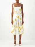 Emilia Wickstead Marita Floral-print Cotton-poplin Yellow White Square Neck Dress - House Of Huntington
