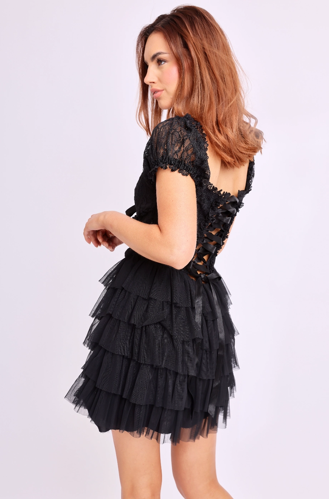 Amy Jane London Black Coquette Tulle Lace Sweetheart Neck Sofia Mini Dress - House Of Huntington