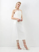 16ARLINGTON Ivory White Minelli Feather Trim Crepe Netted Detail Strapless Wedding Dress - House Of Huntington
