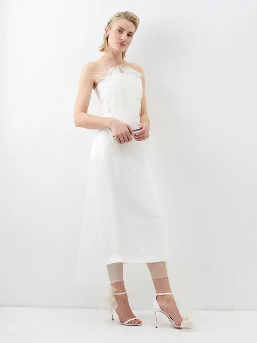 16ARLINGTON Ivory White Minelli Feather Trim Crepe Netted Detail Strapless Wedding Dress - House Of Huntington