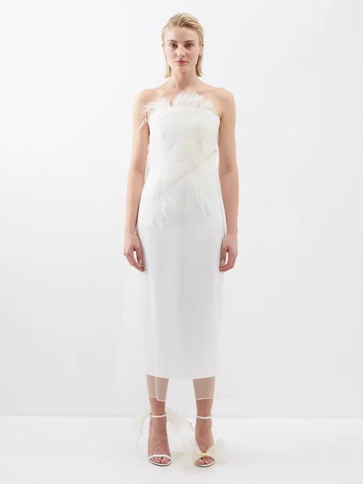 16ARLINGTON Ivory White Minelli Feather Trim Crepe Netted Detail Strapless Wedding Dress - House Of Huntington