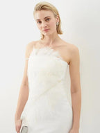 16ARLINGTON Ivory White Minelli Feather Trim Crepe Netted Detail Strapless Wedding Dress - House Of Huntington
