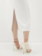 16ARLINGTON Ivory White Minelli Feather Trim Crepe Netted Detail Strapless Wedding Dress - House Of Huntington