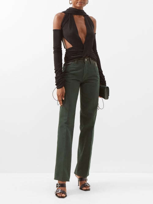 MAXIMILLIAN DAVIES Forest Green Leather Trim Spain Jeans - House Of Huntington