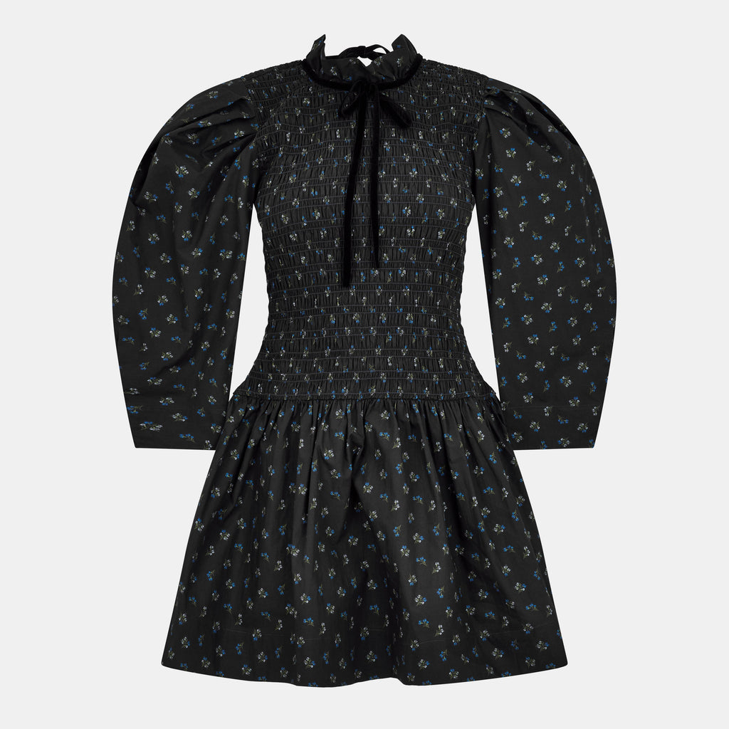 Ganni Ditsy Floral Smock Shirred Velvet Bow Dress