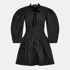 Ganni Ditsy Floral Smock Shirred Velvet Bow Dress