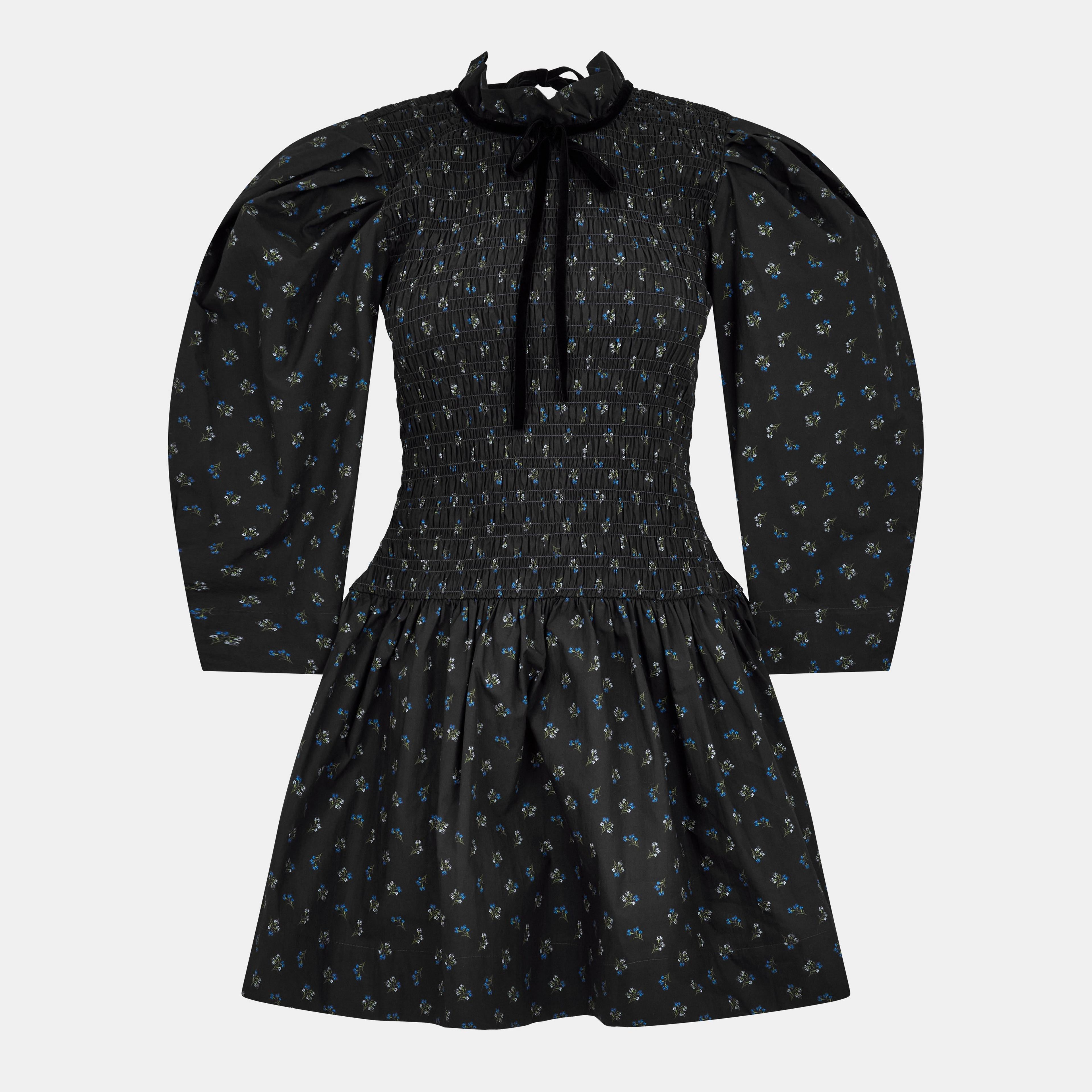 Ganni Ditsy Floral Smock Shirred Velvet Bow Dress