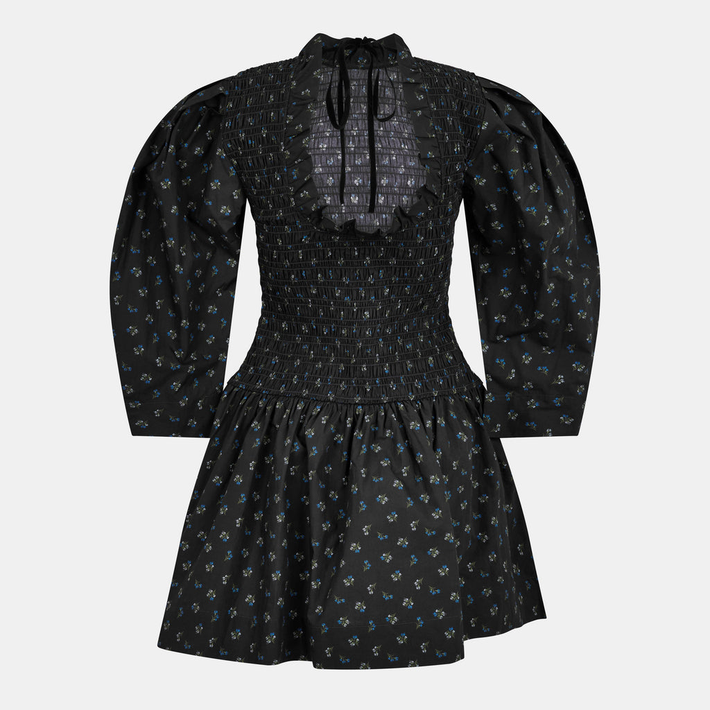 Ganni Ditsy Floral Smock Shirred Velvet Bow Dress