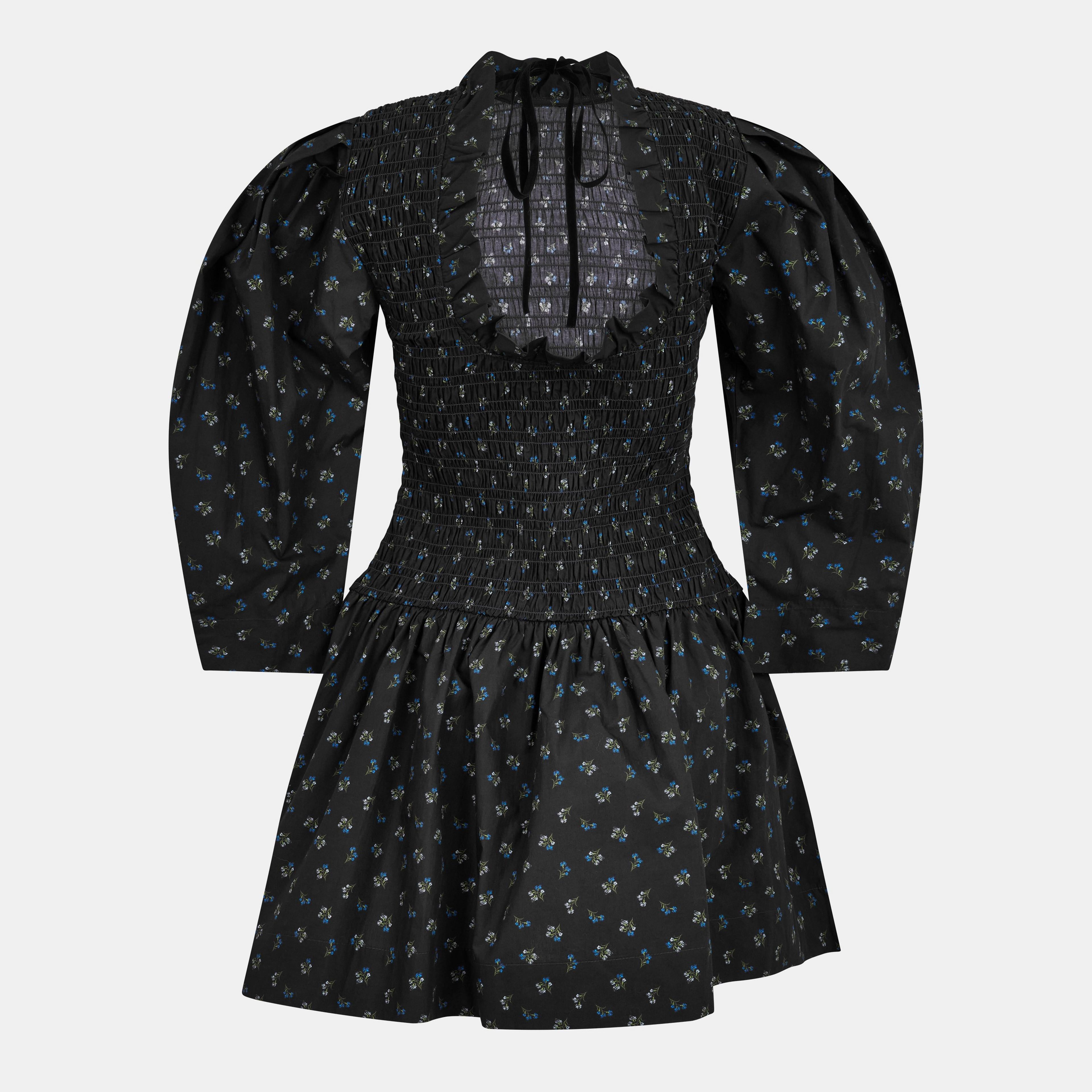 Ganni Ditsy Floral Smock Shirred Velvet Bow Dress