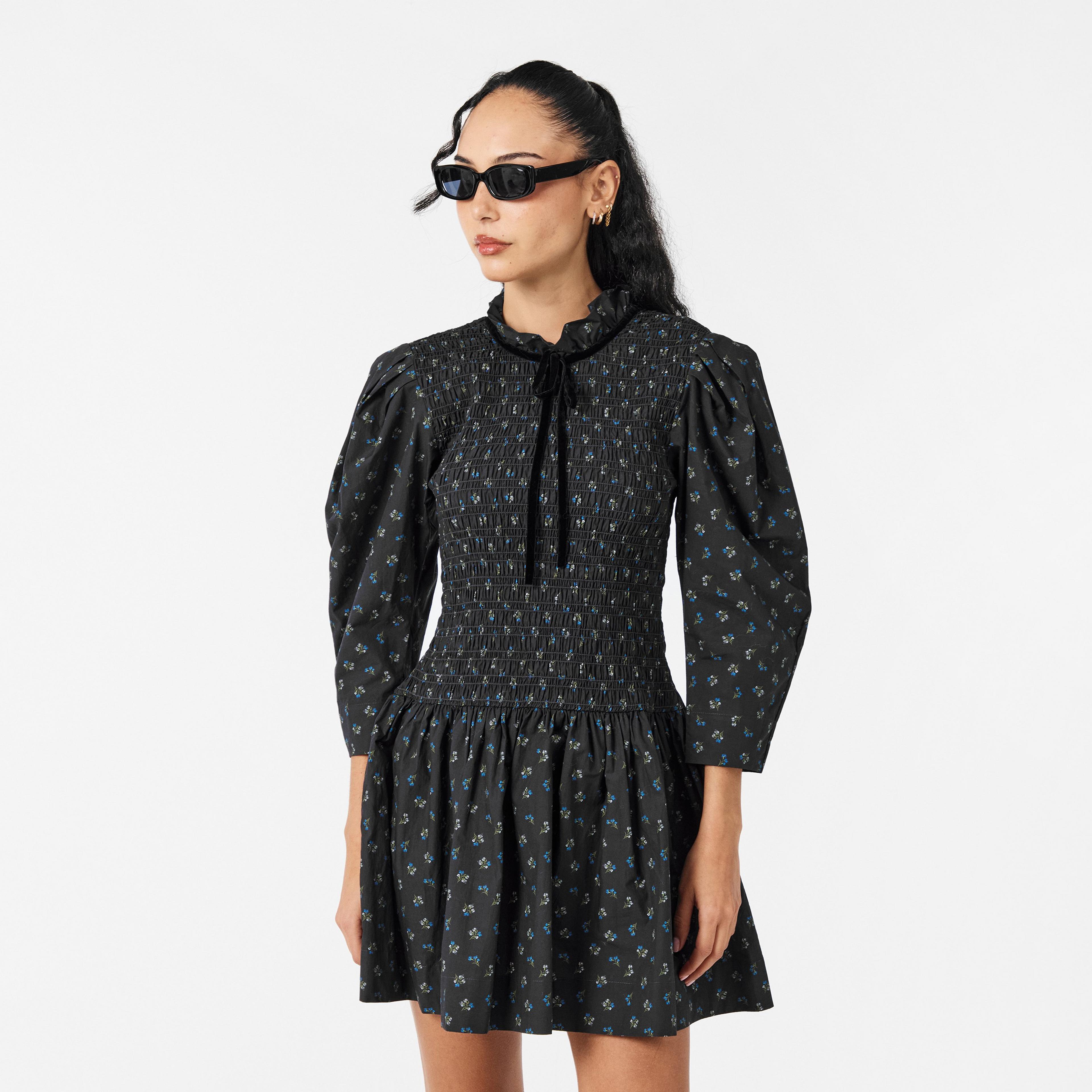 Ganni Ditsy Floral Smock Shirred Velvet Bow Dress