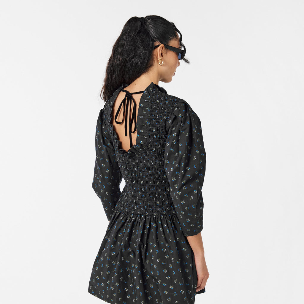 Ganni Ditsy Floral Smock Shirred Velvet Bow Dress