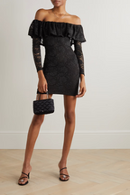 CAROLINE CONSTAS Alessia Black Floral Lace Off Shoulder Mini Dress - House Of Huntington