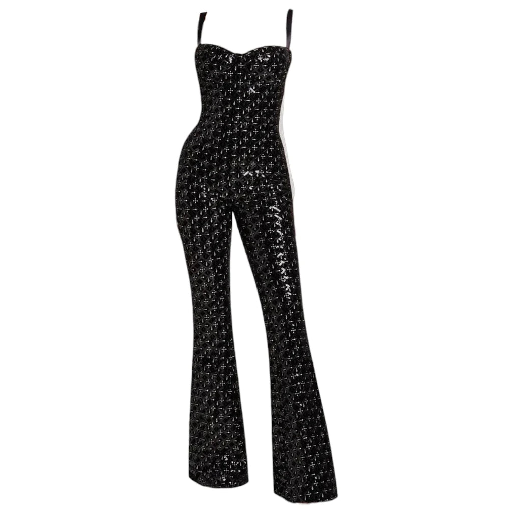 NADINE MERABI Black Hailey Embroidered Sequinned Sweetheart Neck Flare Jumpsuit - House Of Huntington