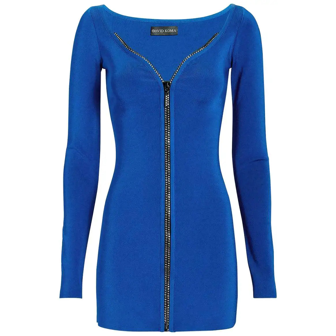 DAVID KOMA Blue Crystal Embellished Zipper Front Long Sleeve Mini Dress - House Of Huntington