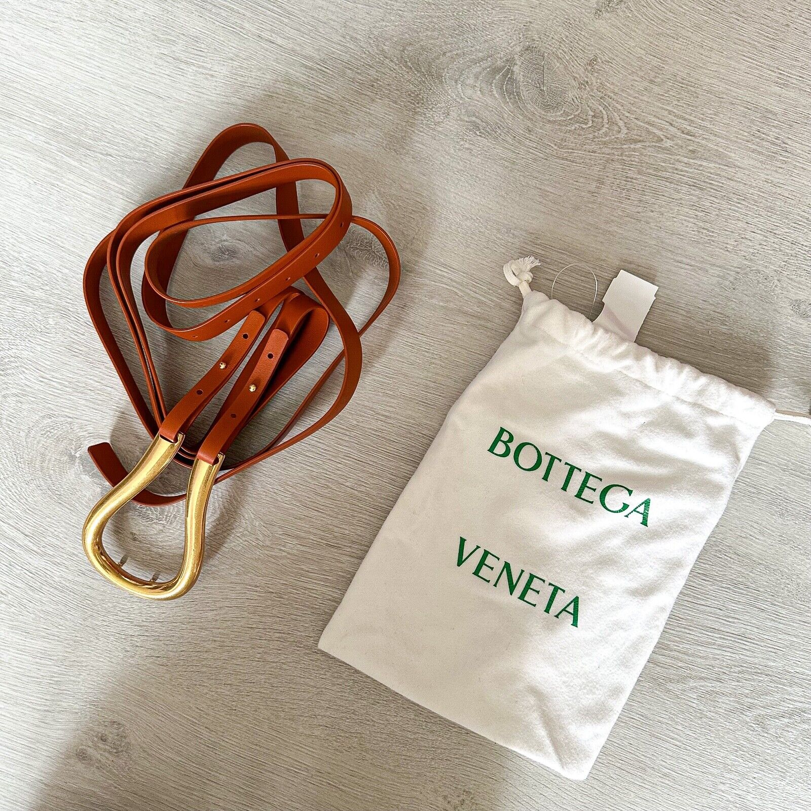 BOTTEGA VENETA Maple Brown Gold Horsebit Buckle Double Strap Belt