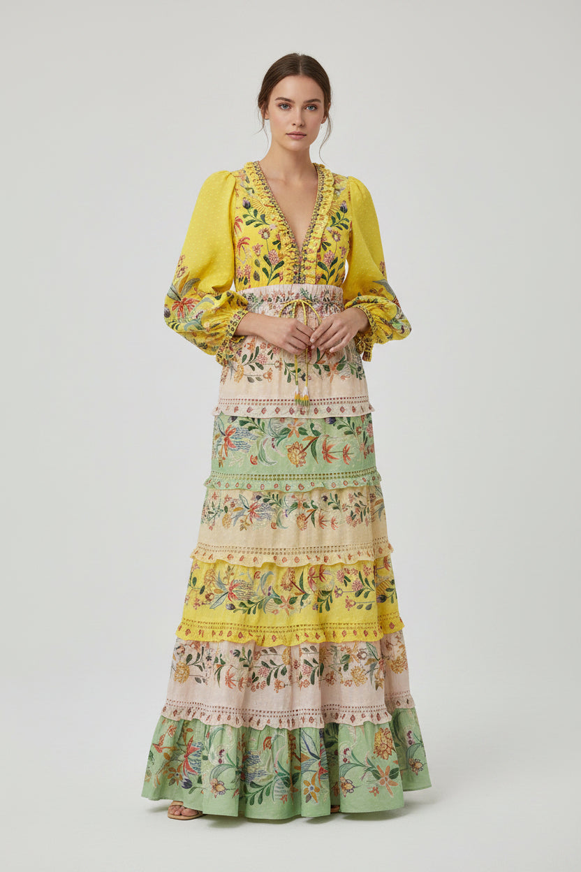 Farm Rio Yellow Floral Print Maxi Dress