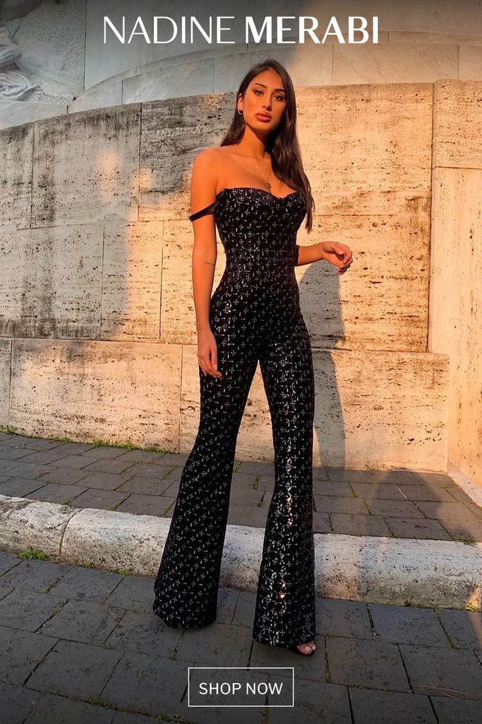 NADINE MERABI Black Hailey Embroidered Sequinned Sweetheart Neck Flare Jumpsuit - House Of Huntington