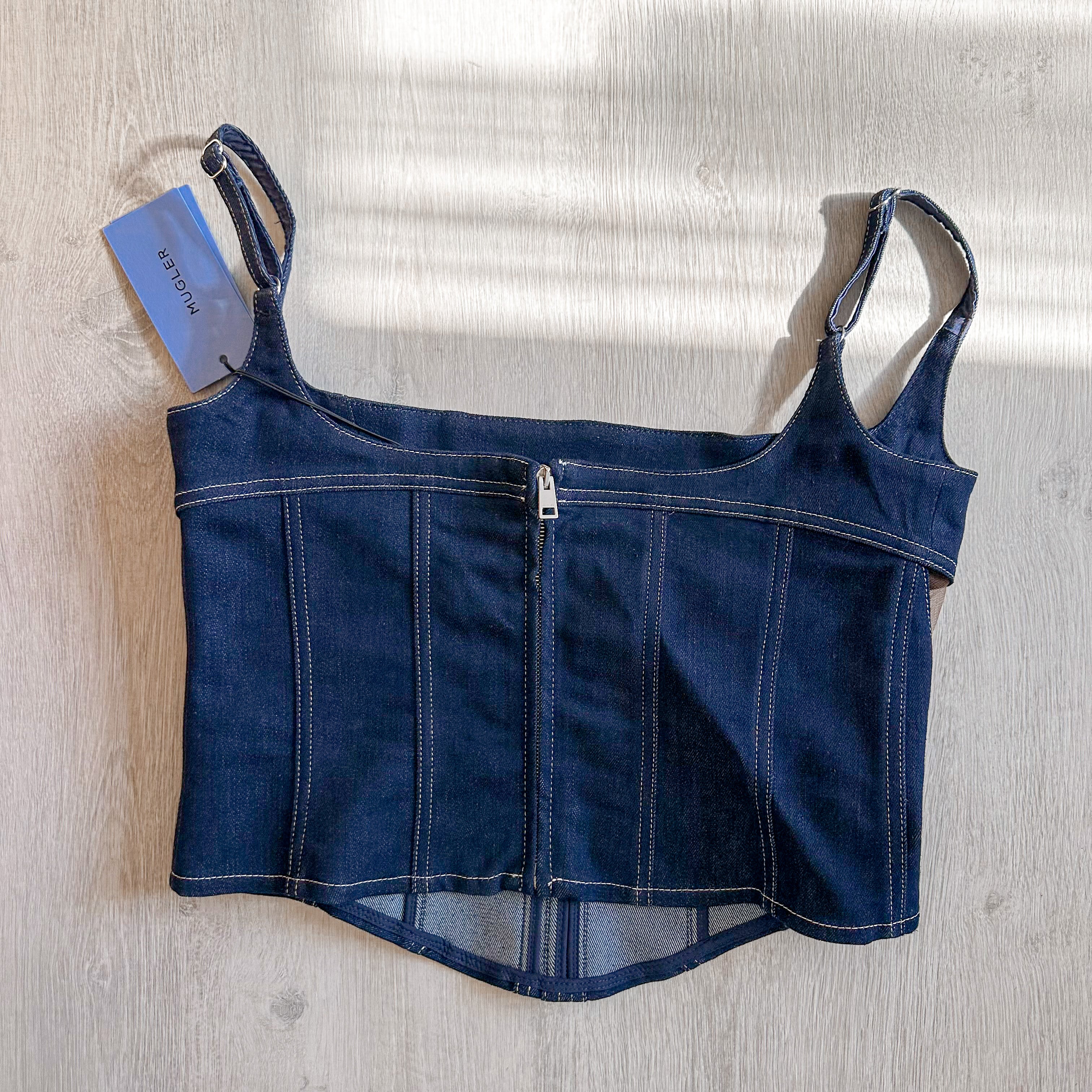 MUGLER Denim Cut-Out Detail Square Neck Corset Top