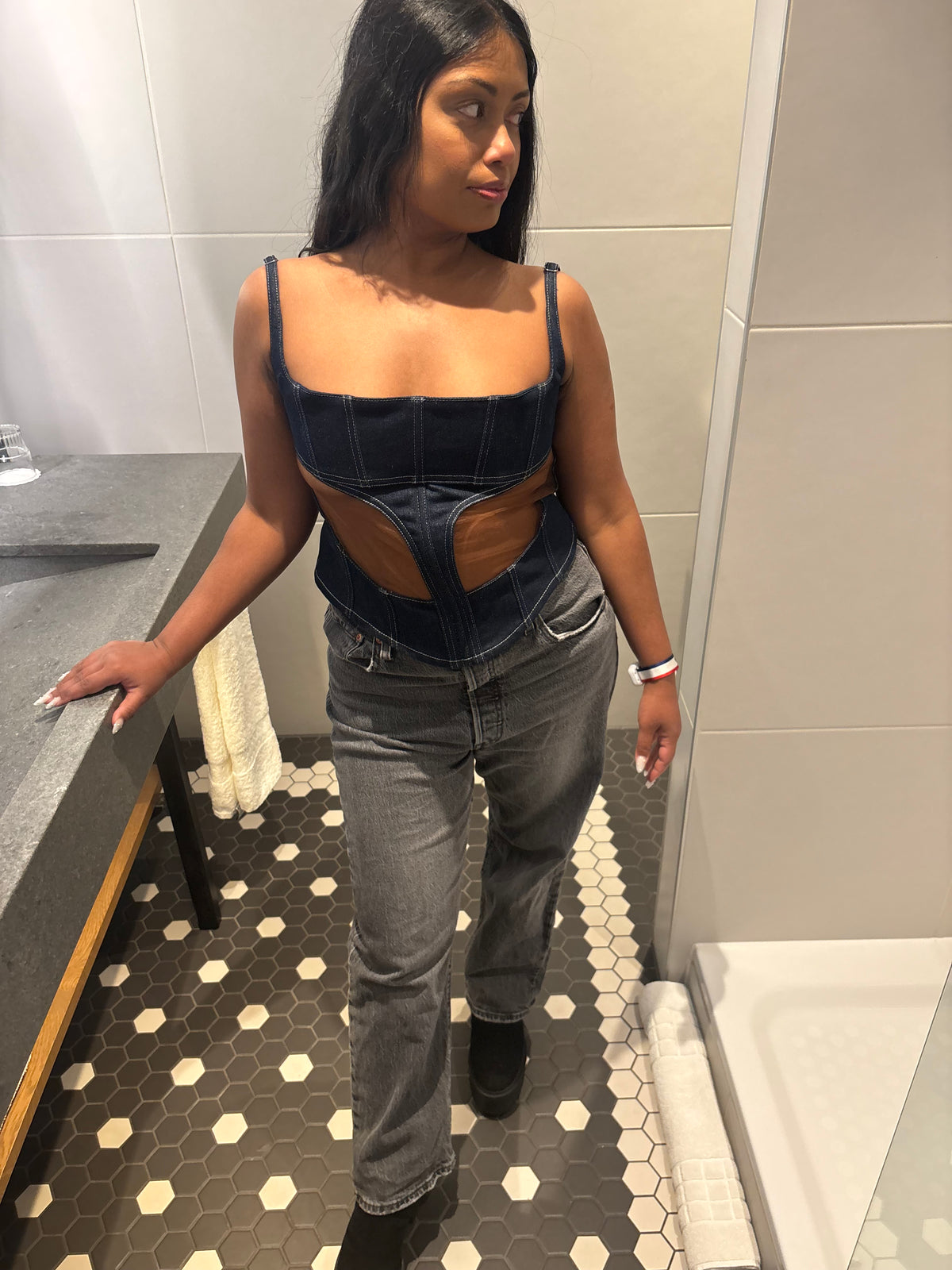 Denim Cut Out Detail Square Neck Corset Top