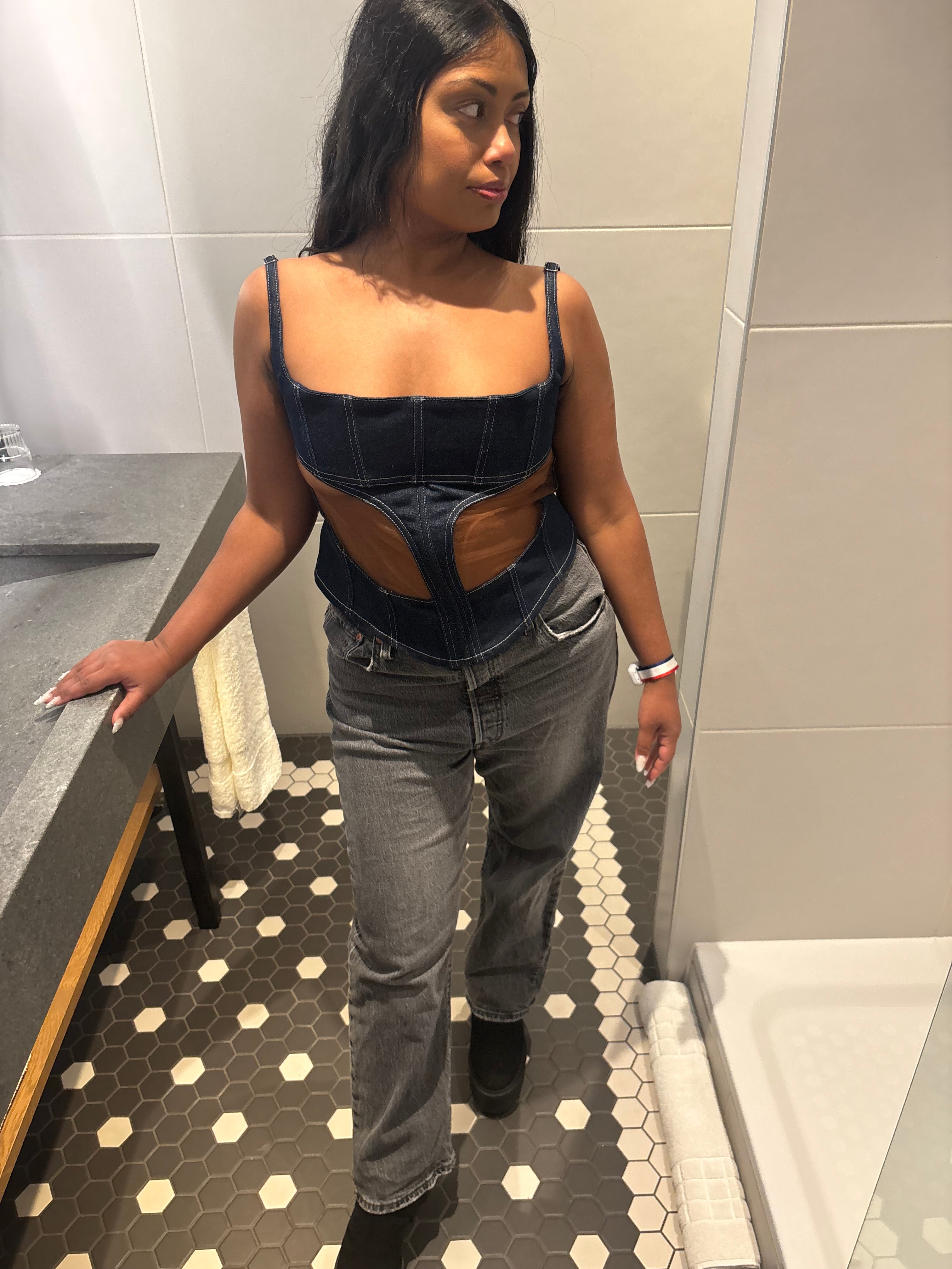 MUGLER Denim Cut-Out Detail Square Neck Corset Top